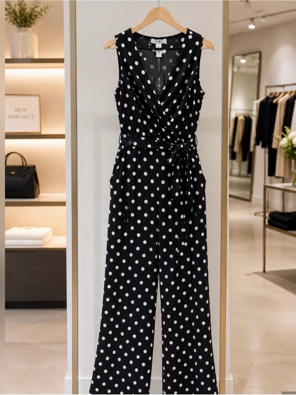 WHBM NWT Black White Polka Dot Faux Wrap Tie Waist Jumpsuit L